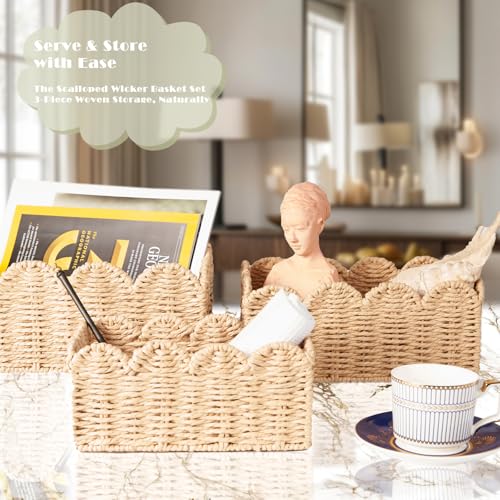 Scalloped Wicker Baskets Set of 3, Hand-Woven Storage with Handles - color: Beige