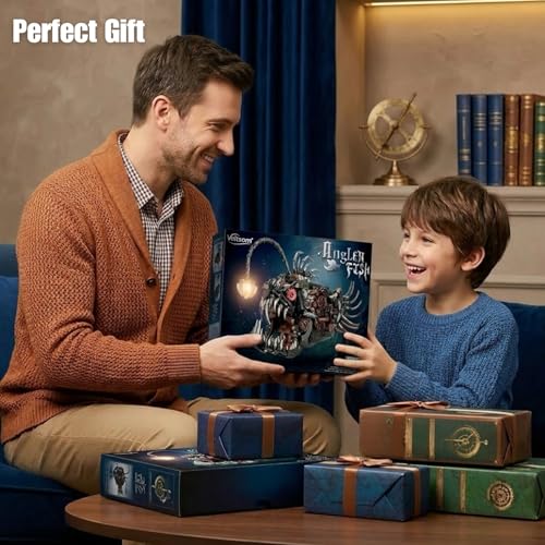 Mechanical Angler Fish Building Blocks Kit for Kids & Adults– Premium STEM Toy Set for Boys 8-14+, 1038+ Pieces Artistic Steampunk Light-Up Model Kits, for Teens & Collectors