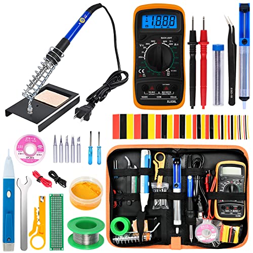 Soldering Iron Kit, 60W Adjustable Temperature, Digital Multimeter, 5pcs Soldering Tips, Wire, Stand, Desoldering Pump, Solder Wick, Tweezers, Welding Tool - color: Blue