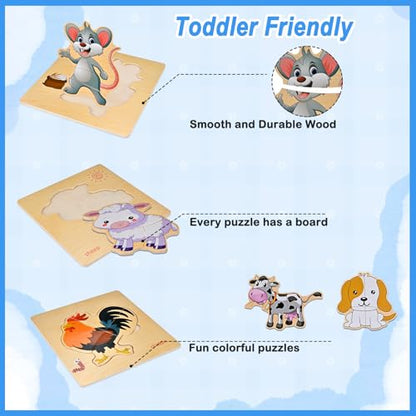 8pcs Wooden Puzzles for Toddlers 1-2-3-4, Farm Puzzles Ages 1-2-3-4 - style: Farm Animal
