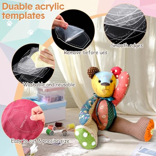 Chunful 30 Pcs Memory Bear Sewing Patterns Acrylic Template Ruler Set Stuffed Animal Quilting Template Cutting Large Sewing Pattern for Beginner Art Craft Tools Home, 10, 12, 15 inch