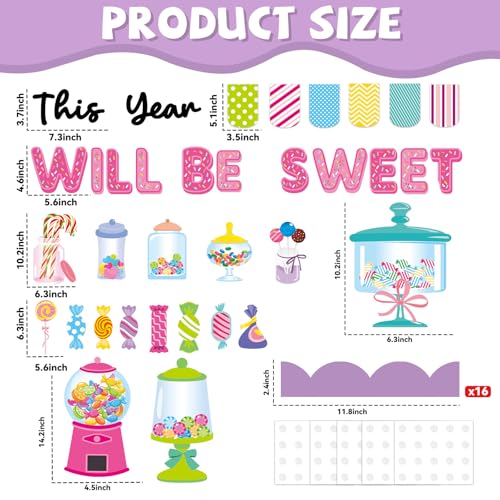 QOUBAI Candy Bulletin Board Set Sweet Theme Classroom Bulletin Board Decorations Pink Gumball Machine Cutouts Classroom Decorations for Back to School Office Home Chalkboard Decor Wall Door - style: Candy