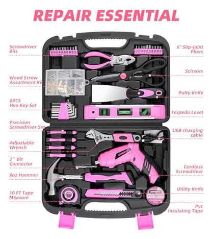 URASISTO Pink Household Tool Set with 3.6V USB Electric Screwdriver, 136 PCS Home Tool Kit with Cordless Lithium-ion Drill Driver, Hand Tool Kits for Women