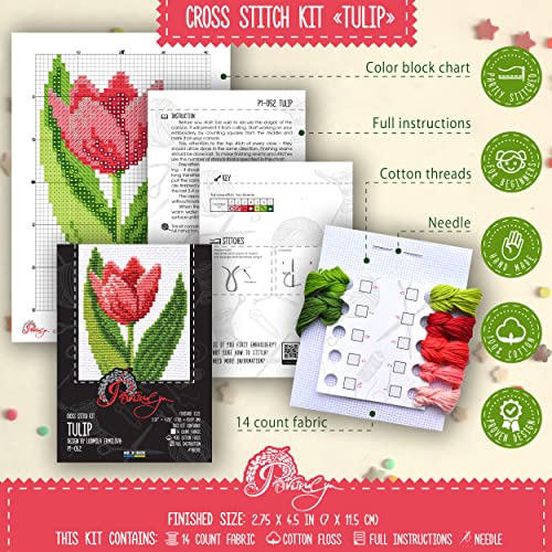 Povitrulya Pink Tulip - Counted Cross Stitch kit for Hand Embroidery - DIY Easy Flower Set for Adult Ors - color: Pink tulip