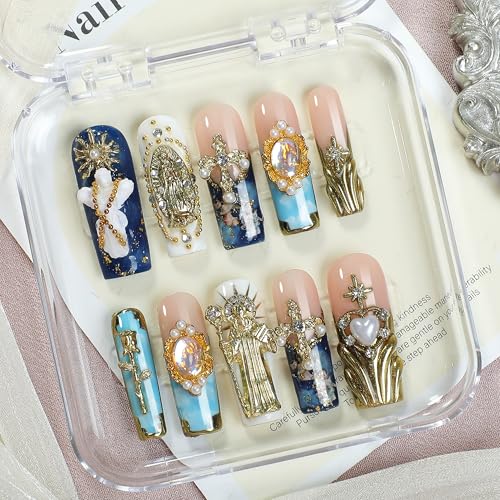 Luxury Gothic Press-On Nails Long Square Shape, Handmade XL Reusable Acrylic Nails with 3D Statue & Cross Charms, Blue Pink Gradient Full Cover Fake Nails for Women - color: Celestial Charm, size: S
