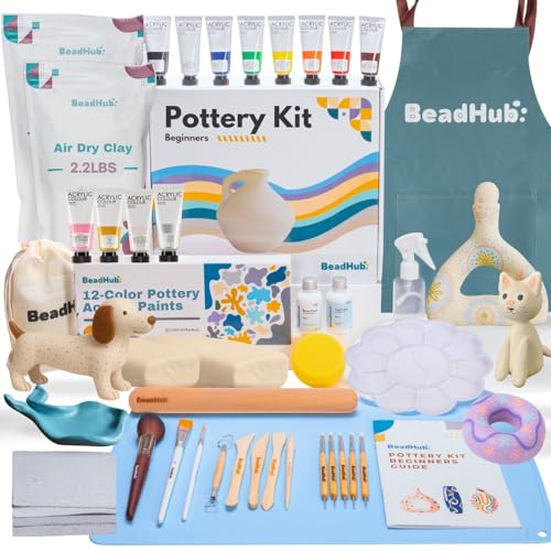 Air Dry Clay Pottery Kit for Adults Beginner, Starter Kit with 4.4Lbs Air-Dry Modeling Clay, Sculpting Tools, Paint & Glaze, Molding, Sculpt & Painting Set Hobby DIY Art Craft Kits (Gray Beige) - color: Gray Beige