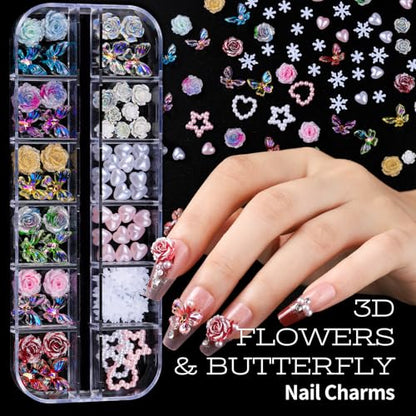Teenitor Nail Charms and Nail Art Tools Set, Nail Art Kit with 5 Boxes of 3D Nail Charms and Gems Rhinestones, 15 Pcs Nail Art Brushes, 5 Pcs Nail Dotting Tools, 2 Set of Nail Stand