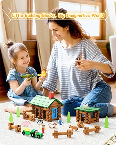 SainSmart Jr. Wooden Logs Set with Container - Classic Building Logs Ages 3+ - Best Retro Building Gift Set for Boys - Creative Construction Engineering Educational Gifts - style: Bonus Storage Box - 122 Pcs