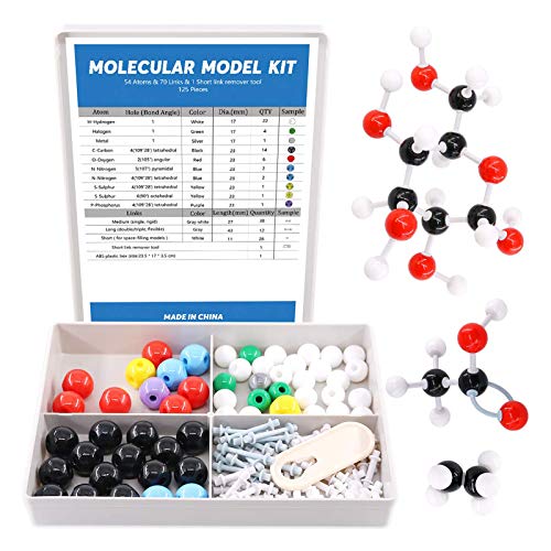 Swpeet 125 Pcs Molecular Model Kit for Inorganic & Organic Molecular Model Teacher and 16 Years and Over Student Kit - 54 Atoms & 70 Links & 1 Short Link Remover Tool - Science Toys - style: 125 Pieces Molecular Model Kit