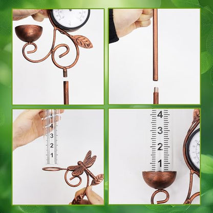 36.5in Dragonfly Rain Gauge Thermometer Bronze Metal Garden Stake Decor - color: Bronze Dragonfly
