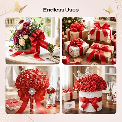 Caydo Red Ribbon Rose Bouquet for Gifts - color: Red