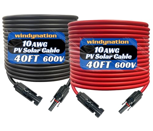 WindyNation 10 Gauge 10 AWG Pair 40 Feet Black + 40 Feet Red PV Photovoltaic Solar Panel Extension Cable Wire Solar Connectors - color: 40 Feet Black + 40 Feet Red, size: 10 AWG Solar Cable