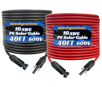 WindyNation 10 Gauge 10 AWG Pair 40 Feet Black + 40 Feet Red PV Photovoltaic Solar Panel Extension Cable Wire Solar Connectors - color: 40 Feet Black + 40 Feet Red, size: 10 AWG Solar Cable