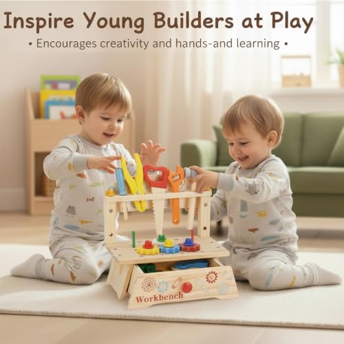 REXBETI Kids Tool Set, Wooden Toddler Tool Bench, Pretend Construction Kit