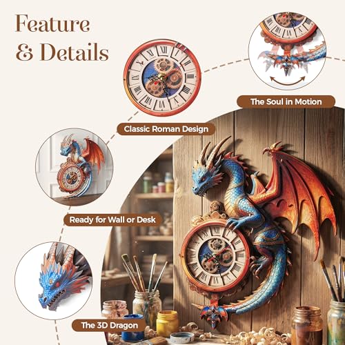 3D Wooden Puzzle Clock - Mythical Dragon Design, DIY Mechanical Pendulum Wall Clock, Collectible Artwork & Unique Gift for Fantasy Lovers - color: Deep Blue