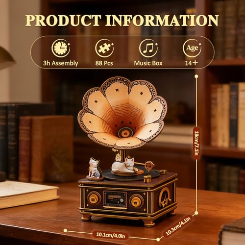 3D Wooden Puzzle Music Box for Adults-Cats Phonograph Music Box - color: Cats Phonograph Puzzle