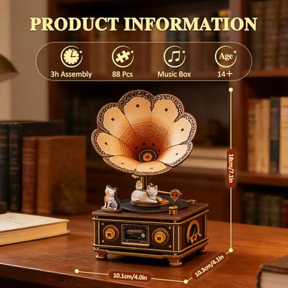 3D Wooden Puzzle Music Box for Adults-Cats Phonograph Music Box - color: Cats Phonograph Puzzle