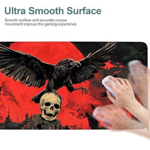 Red Moon Raven Extended Gaming Mouse Pad 35.4 x 15.7 Inch, Gothic Crow Large Desk Mat, Dark Fantasy Mouse Pad with Non Slip Rubber Base for Gaming Setup and Office - color: 51, size: 35.4"x 15.7"