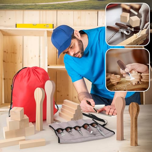Therwen 27 Pcs Wood Carving Kit, 5 Pcs Wood Carving Tools with Storage Bag, Whittling Kit with 18Pcs Whittling Blocks and 4 pre Shaped Spoon Blanks and Drawstring Carry Bag for Crafts Beginners