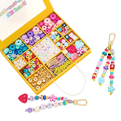 MINIMISSMIANYC Bead Bag Charm Kit for Girls,Big Colorful Beaded Heart Flower Letter A-Z Keychain Making Kit Key Chain DIY Charm Supplies Carft Accessoriess Jewelry for Women Kids Boys - color: Large Keychain Kit