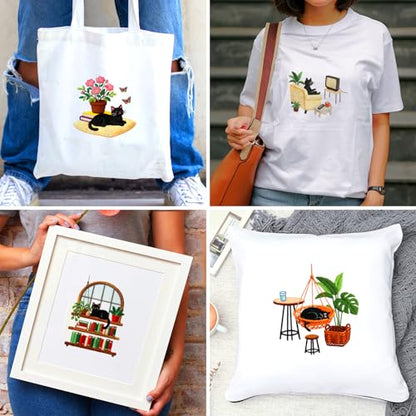 BEUNITONE 4 Set Embroidery Kit for Beginners, Daily Life of Cats Patterns Cross Stitch Kits, Needlepoint Kits for Adults with Hoop, Cute Hand Embroidery Patterns for Cloth and Home Decor - style: A-Cat-03