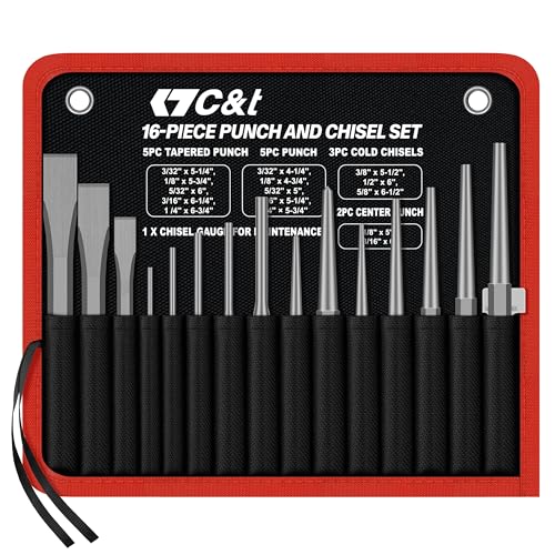C&T 16-Piece Punch and Chisel Set with Storage Pouch, Including Taper Punch, Cold Chisels, Pin, Center Punch, Chrome Vanadium Steel - size: 16-Piece