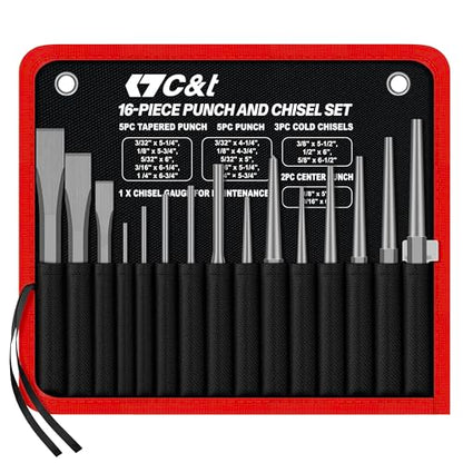 C&T 16-Piece Punch and Chisel Set with Storage Pouch, Including Taper Punch, Cold Chisels, Pin, Center Punch, Chrome Vanadium Steel - size: 16-Piece