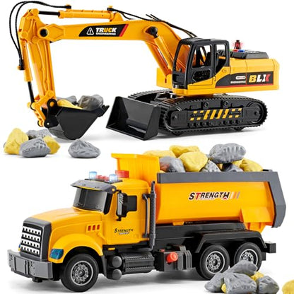 LerBao 2 Pack Construction Engineering Truck Toys,Moveable Claw Excavator & Lifting Back Dump Truck Toy for 3 4 5 6 7 8 Years Old Boys Kids Childs Toddlers Christmas Birthday Gift