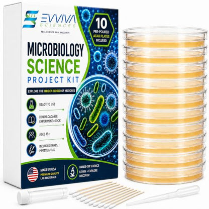 Evviva Sciences Microbiology Science Project Kit, Pre-Poured Agar Plates for Students, Agar Petri Dishes to Learn Microbiology, with Educational Experiment eBook - size: Medium (6 X 4 X 4in)