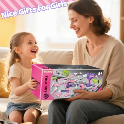Kids Tool Set with Tool Box Electronic Toy Drill, Toddler Tool Set for Girl - style: Pink