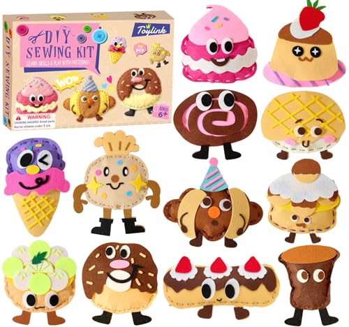Toylink DIY Sewing Kit for Kids Ages 4-12, 12 Dessert Felt Craft Kit with Pre-Punched Holes, Blunt Plastic Needles, Cotton Stuffing - First Sewing Kit STEM Learning Toys for Girls Boys Birthday Gift - style: Dessert 1