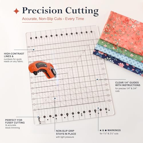5-in-1 Quilting Ruler - 14.5" x 17.75" Slotted Quilting Ruler for Rotary Cutting, Precision Fabric Strip Guide & Quilting Square Ruler for Sewing Patchwork Quilts - size: 12-1/2in x 14-3/4in