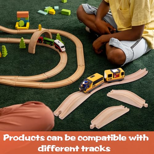 4PCS Wooden Train Track Expansion Packs - Rollings Hills Ascending Track Pieces, Bridge, Pier, Railway Accessories Compatible with Most Toy Train Railroads