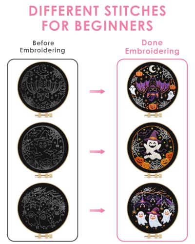 TINDTOP Halloween Embroidery Kit for Adult, 3 Pack Embroidery DIY Starter Kit, with Stamped Patterns, Hoop, Tools, Colorful Threads with Needles, Instructions - color: Halloween A