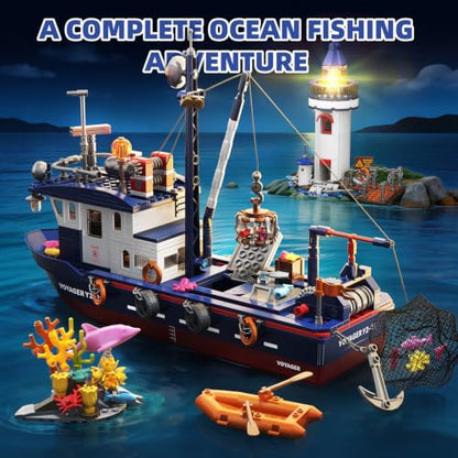 Fishing Boat & Light-Up Lighthouse Building Set, Compatible with LEGO Boat 777 PCS Sea Fishing Building Kit with Gear-Controlled Net, Rescue Dinghy and Coral Reef, Ocean Gift for Kids and Teens