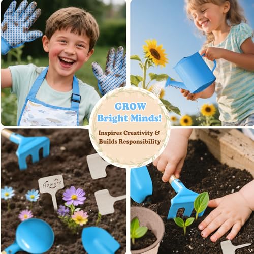 Kids Gardening Tool Set 13PCS Outdoor Toys Tote Bag Watering Can Apron Blue - color: Blue