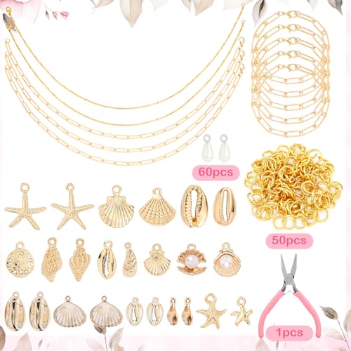 Liliaafar 107 Pcs Charms Lip Gloss Keychain Making Kit Bracelets Necklace Chains Gold Paperclip Beach Jewelry Making Accessory with Shell Charm Pendants Jump Rings Lobster Clasps Pliers for Craft Gift