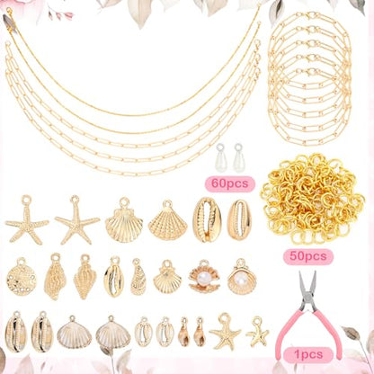 Liliaafar 107 Pcs Charms Lip Gloss Keychain Making Kit Bracelets Necklace Chains Gold Paperclip Beach Jewelry Making Accessory with Shell Charm Pendants Jump Rings Lobster Clasps Pliers for Craft Gift
