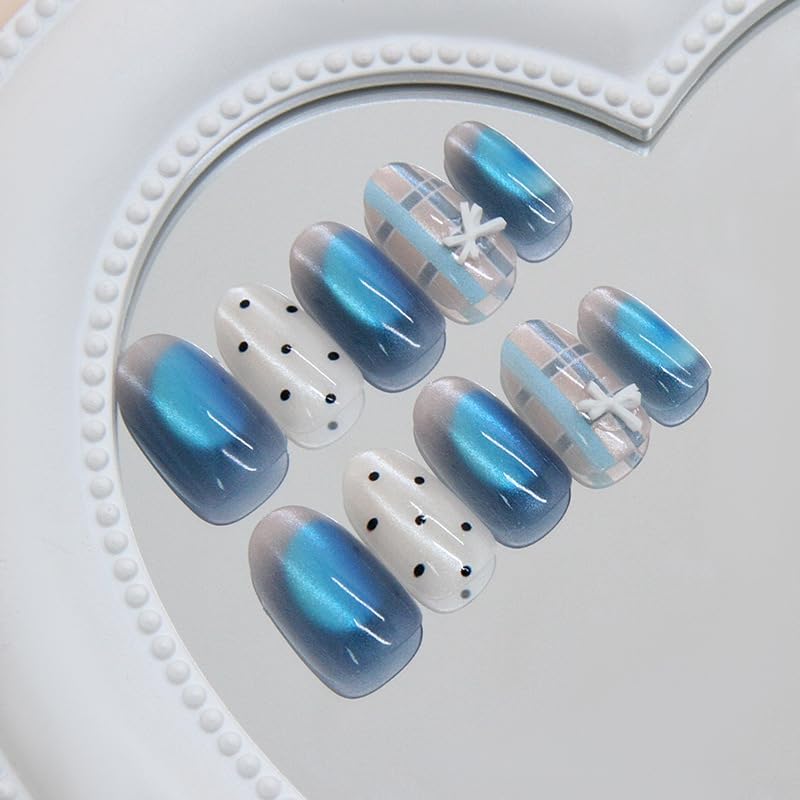 Almond Press on Nails Short Blue Fake Nail Bow and Stripes Stripes Acrylic Nail Press ons Cat Eye Stick on Nail for Women 24pcs - color: Color27