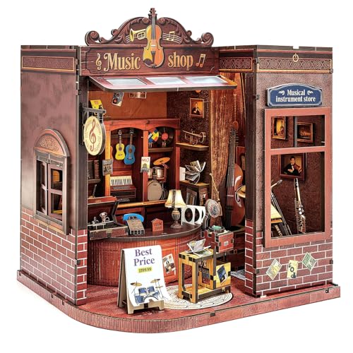 Book Nook Kit DIY Miniature House for Adults, Timeless Music Shop Dollhouse Bookshelf Insert with LED Light, DIY Craft Model Kit for Adults & Teens, Unique Bookshelf Decor Gift for Book Lovers - style: Music Shop