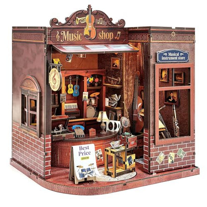 Book Nook Kit DIY Miniature House for Adults, Timeless Music Shop Dollhouse Bookshelf Insert with LED Light, DIY Craft Model Kit for Adults & Teens, Unique Bookshelf Decor Gift for Book Lovers - style: Music Shop