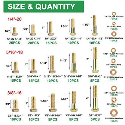 FOLIV 566Pcs Heavy Duty Bolts and Nuts Assortment Kit, Grade 8 Hex Screws Bolts Nuts Kit, 1/4-20 5/16-18 3/8-16, 15 Common Sizes Included - size: 566PCS 1/4-20 5/16-18 3/8-16