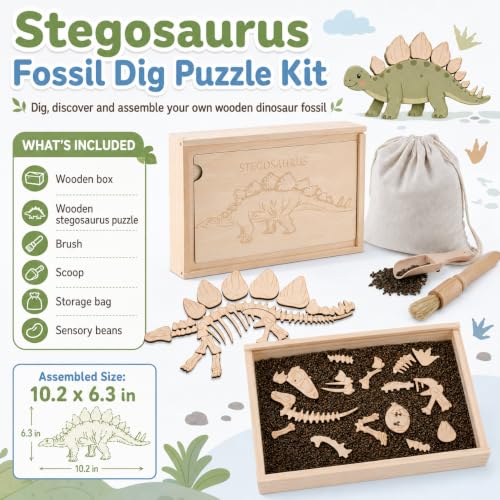 Dino Excavation Archaeology Dig Kit, Fossil Digging Kit for Kids, Dinosaur Skeletons Bones Puzzle Game with Wooden Storage Box, STEM Toys for Boys and Girls (Stegosaurus) - color: Stegosaurus