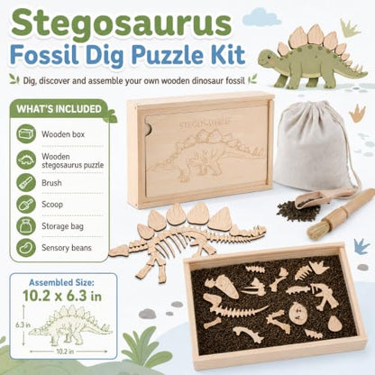 Dino Excavation Archaeology Dig Kit, Fossil Digging Kit for Kids, Dinosaur Skeletons Bones Puzzle Game with Wooden Storage Box, STEM Toys for Boys and Girls (Stegosaurus) - color: Stegosaurus