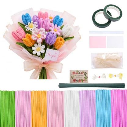 All-in-One Pipe Cleaners Flower Kit, 800 PCS DIY Flower Bouquet Making Kit with 8 Colors Pipe Cleaners, Floral Wire, Tape, Wrapping Paper & Video Tutorial, Handmade Gift for Adults, Teens, Beginners