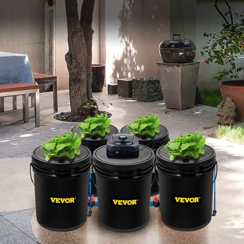 VEVOR 5 Buckets DWC Hydroponic System, 5 Gallon, Deep Culture, Plants Grow Kit with Pump, Air Stone and Water Level Device, for Indoor/Outdoor Leafy Vegetables, Black - style: 5 Buckets