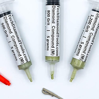 TechDiamondTools Diamond Polishing Paste Kit — 3 Grits (500, 800, 1200) | USA Made | Oil-Based Syringes | Progressive Polishing Set for Metal, Glass, Gemstone, Knife, Jewelry | 25% Diamond Powder - size: 500 800 1200 Grit, style: Medium 25% concentration