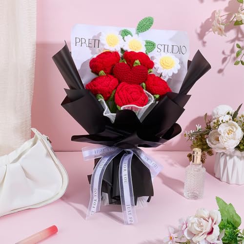 INFUNLY 15 Set Valentine's Day Crochet Flower Bouquet Kit Red Rose DIY Crochet Flower Kit for Beginners White Sunflower Artificial Knitted Bouquet with Step-by-Step Tutorial for Wedding Bridal Decor - style: Red Rose
