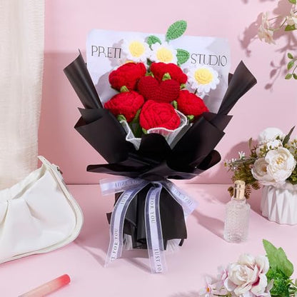 INFUNLY 15 Set Valentine's Day Crochet Flower Bouquet Kit Red Rose DIY Crochet Flower Kit for Beginners White Sunflower Artificial Knitted Bouquet with Step-by-Step Tutorial for Wedding Bridal Decor - style: Red Rose