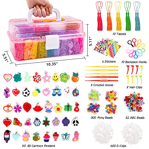 INSCRAFT 17500+ Rubber Loom Bands with 3 Layer Pink Container, 28 Colors, 600 S-Clips, 352 Beads, 40 Cartoon Pendant, Bracelet Making Refill Kit for Kids - color: Pink